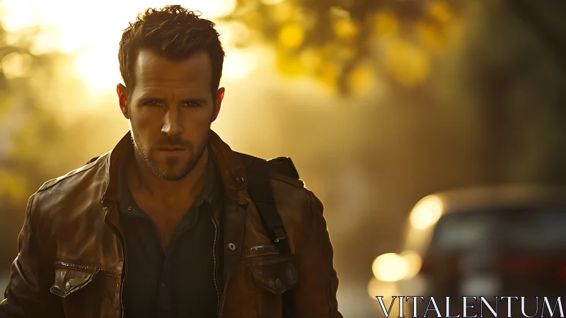 Man in leather jacket walking on sunlit urban street.