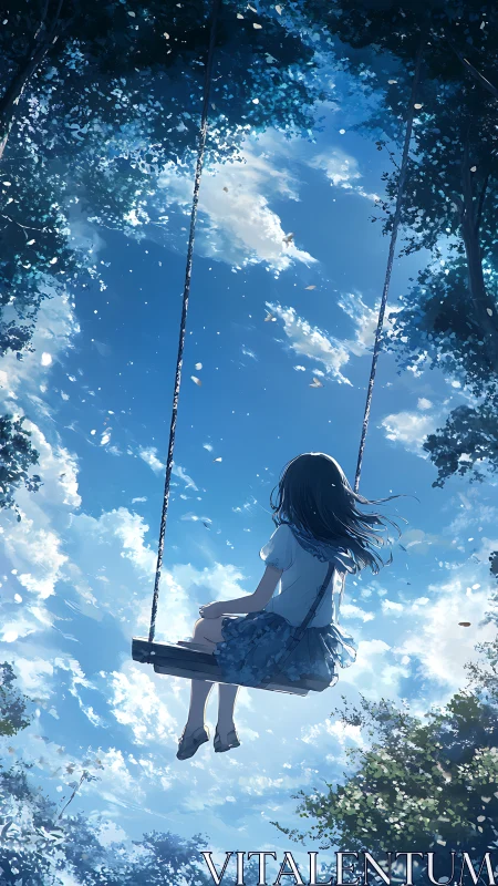 Solitary girl on high swing framed by bright summer sky.