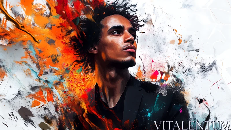 Vibrant digital portrait amid explosive abstract color fields.