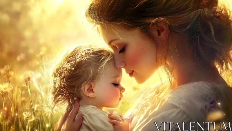 Mother and Child in Golden Wheat Field at Sunset