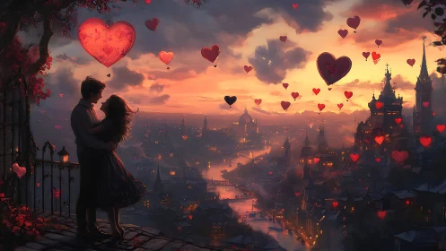 Romantic couple silhouette against heart-laden fantasy cityscape at sunset.