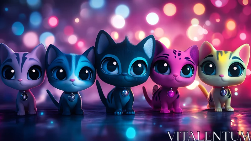 Five Luminescent Felid Characters Against Bokeh Gradient.