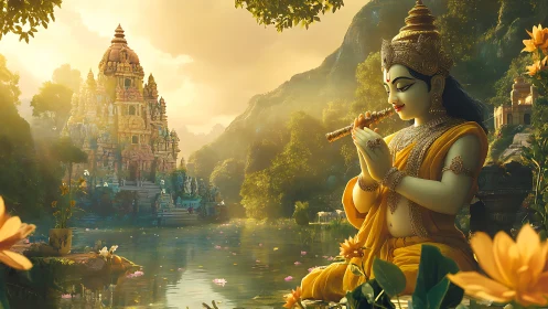 Serene river deity playing flute before ornate temple.