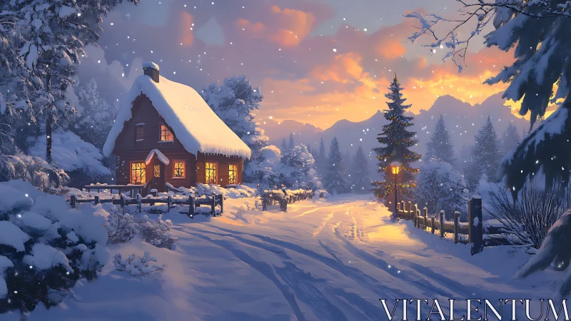 Digital painting of snowy cabin path at sunset glow composition.