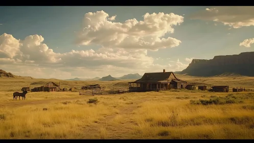 Rural homestead stands within dry grassland under clouded sky