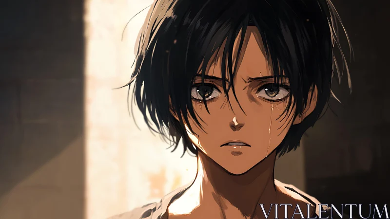 Cinematic anime closeup of distressed teen in warm backlight