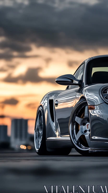 Silver sports car detail against soft urban sunset sky.