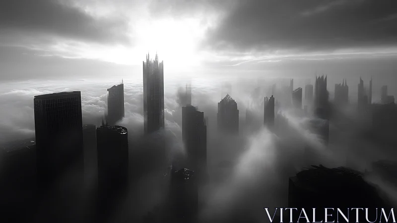 Fog covered futuristic city skyline at dramatic sunrise.