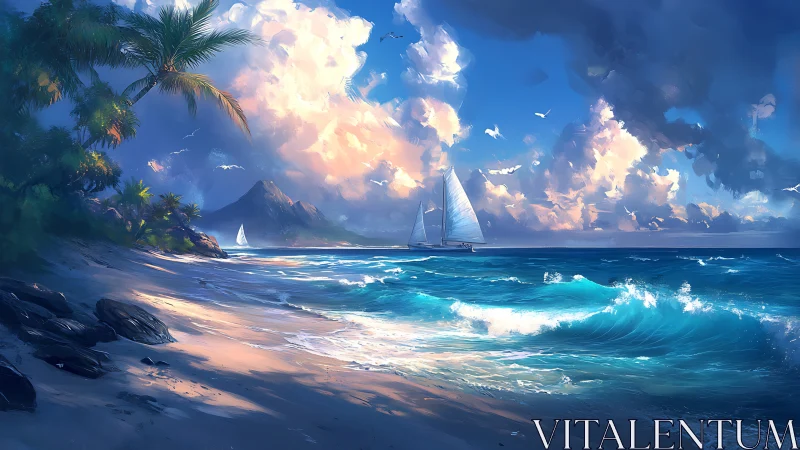Tropical shoreline with vivid surf and luminous sailing yachts.
