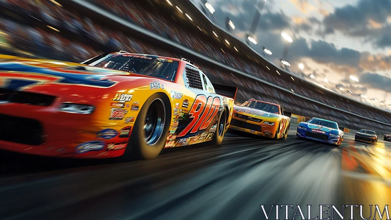 High-speed stock cars charging under sunset stadium lights.
