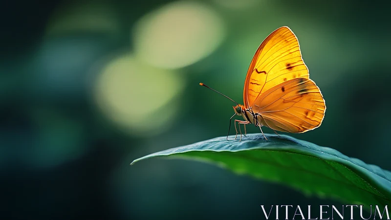 Luminous orange butterfly poised on leaf in soft bokeh glow.