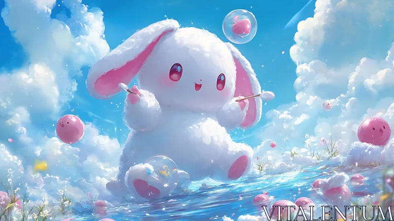 Cloud bunny paints pastel bubbles in bright spring sky.