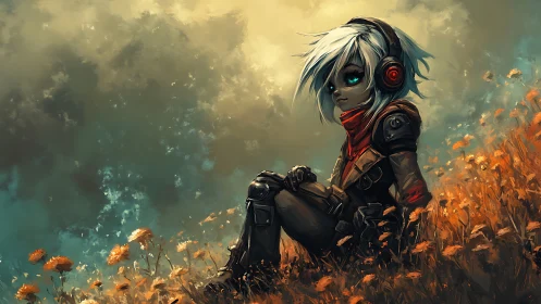Neon eyed wanderer listening to storms in a rust meadow.