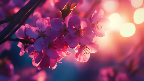 Pink blossoms with backlighting and bokeh effects.