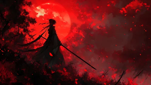 Lone warrior watches a burning crimson sky in silence