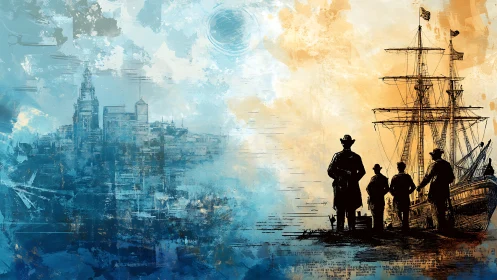 Harbor silhouettes beside abstract coastal cityscape in duotone