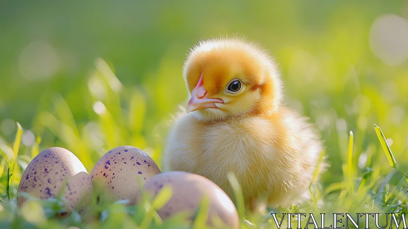 Fluffy yellow chick resting beside speckled eggs outdoors.
