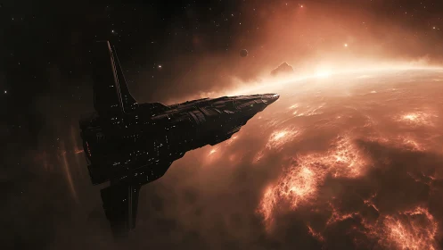 Large spacecraft travels above turbulent glowing star surface