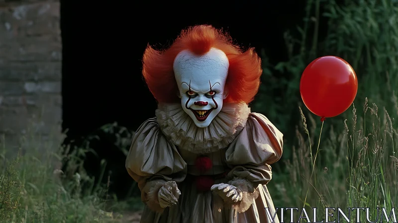 Sinister clown stalks meadow shadows with lone red balloon.