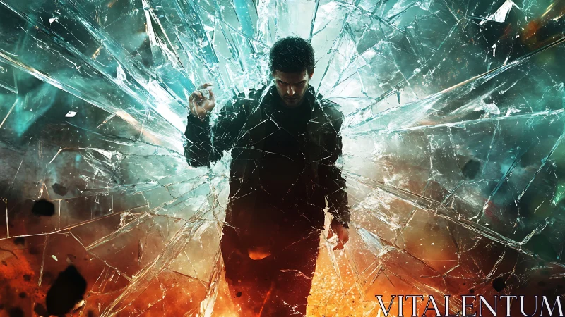 Man standing amid shattered glass and glowing colors.