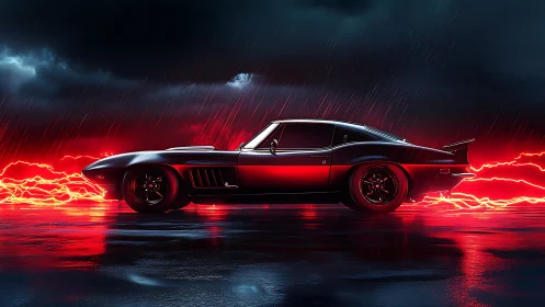 Classic muscle car rendered against stormy neon red backdrop