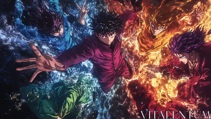 Radial anime composition unites fire and water energy streams