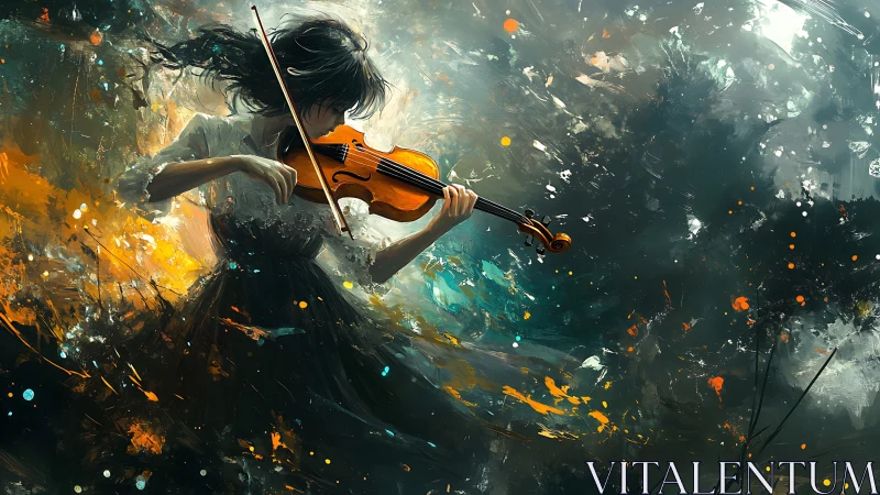 Woman plays violin amid swirling abstract color field