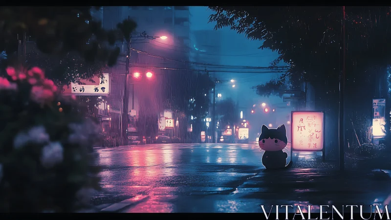 Neon cat mascot waits alone on a rainy midnight city street