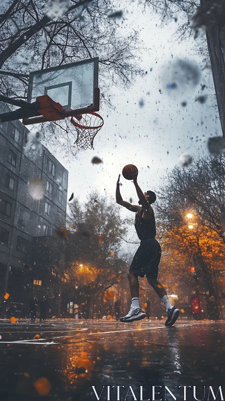 Rainlit street baller leaps toward the glowing city hoop.