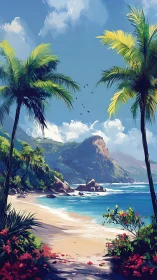 Tropical Beach Paradise with Volcano and Palm Trees