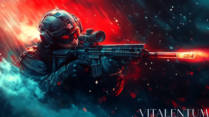 Tactical soldier fires rifle through neon red battle storm