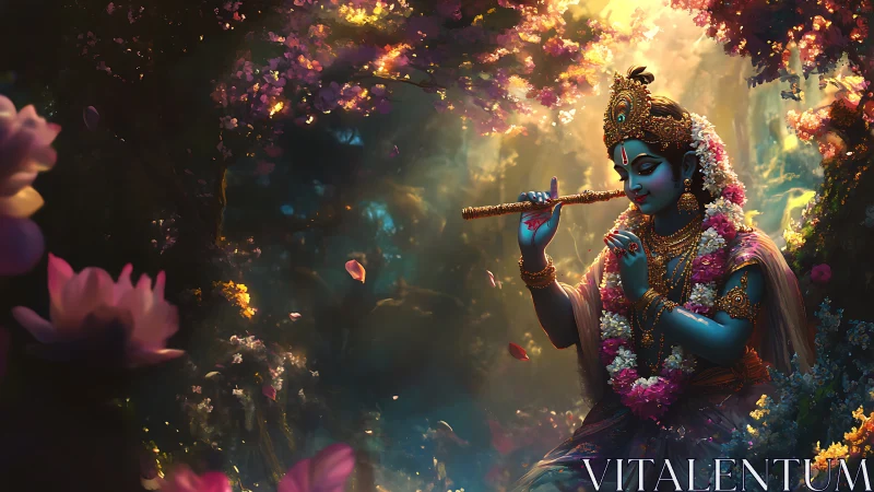 Divine blue deity playing flute amid luminous floral bokeh