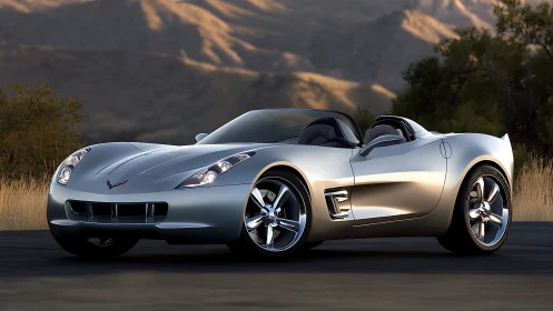 Silver sports roadster rendered in high-gloss photorealistic lighting