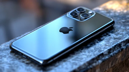 Sleek metallic smartphone resting on textured stone ledge.