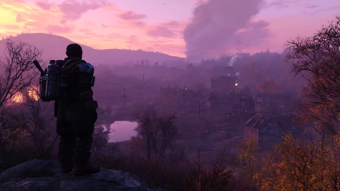 Heavily armored explorer surveys fog-diffused postwar valley settlement