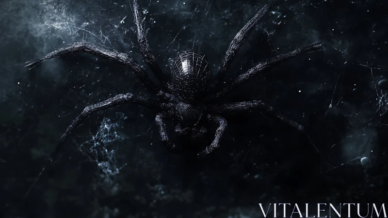 Giant black spider crouches over web in deep shadowed void