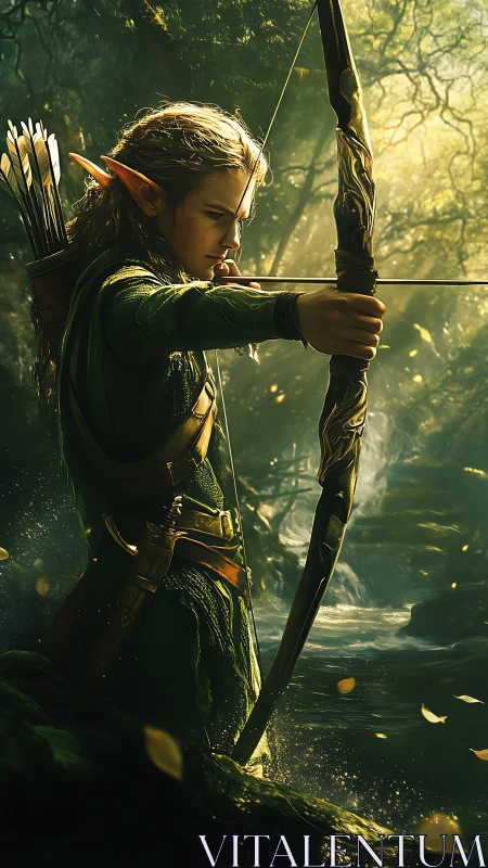 Elf archer draws a detailed bow in a dense forest stream