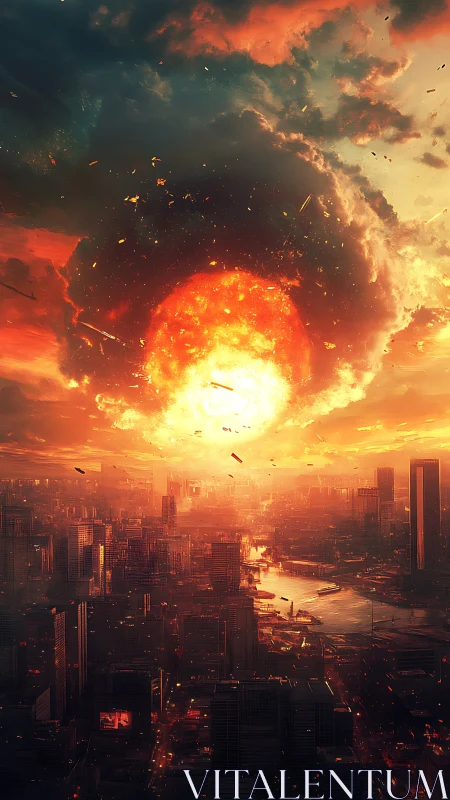 Massive fiery explosion over dense modern city skyline.