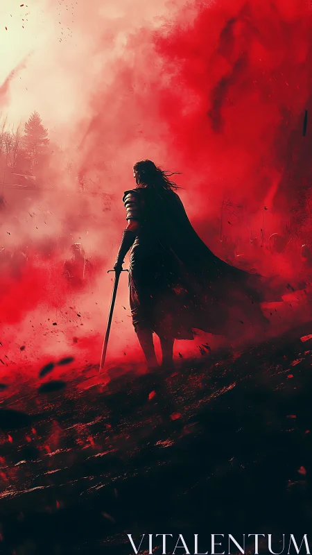 Lone armored warrior strides through burning red mist.