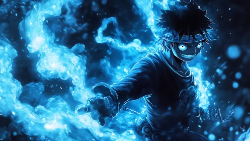 Blue flame hero charging through swirling midnight energy.