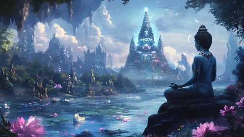 Moonlit lotus waters cradle a meditating cosmic guardian