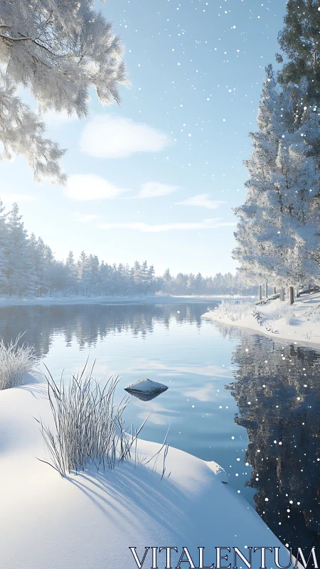 Whispering river under drifting winter snowfall hushes day.