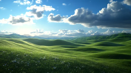 Sunlit green hills roll under dramatic clouded sky