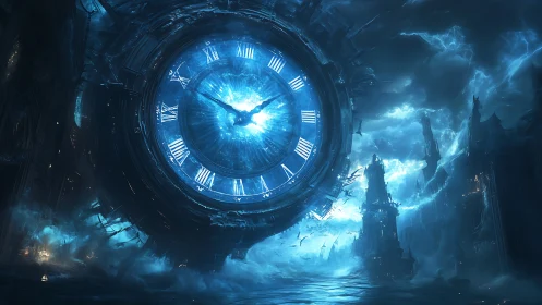 Stormlit clockwork vortex above a drowning gothic city.