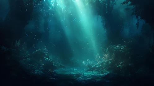 Sunlit underwater forest with corals and distant fish.