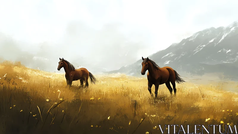 Wild bay horses stand in golden grass below misty peaks