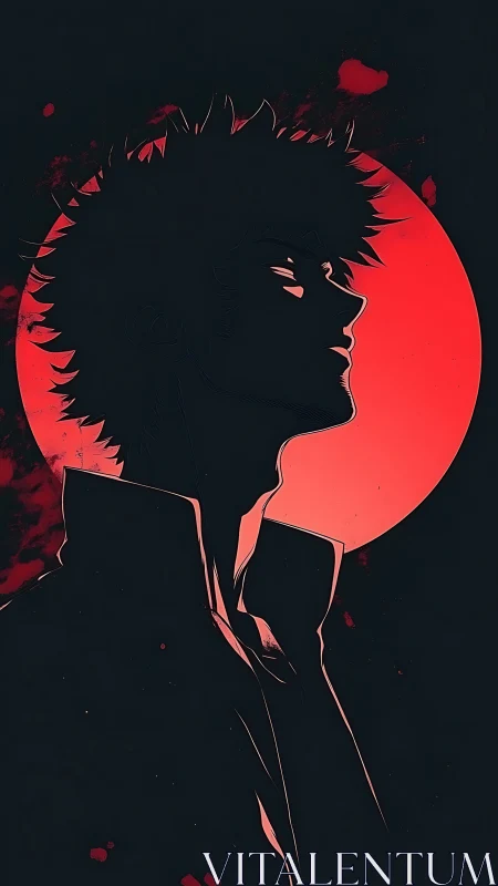 High-contrast anime silhouette against saturated red circular backlight
