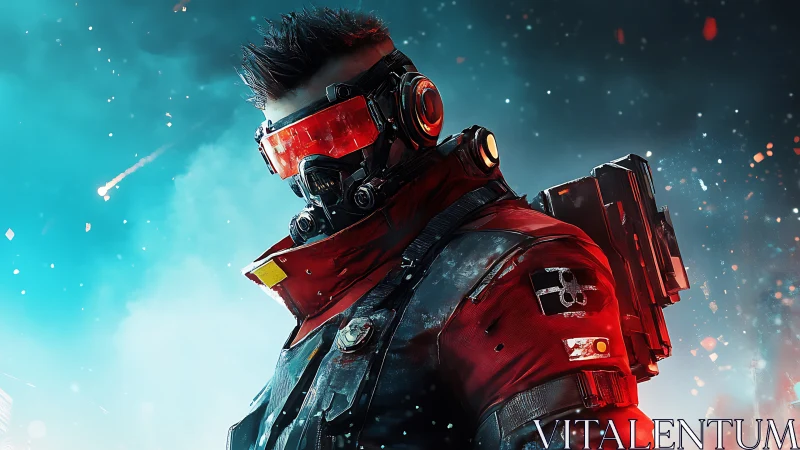 Cybernetic soldier in red armor within neon smoke field.