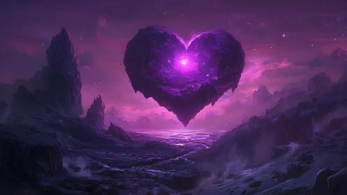 Cosmic Heart Hovering in Surreal Purple Realm