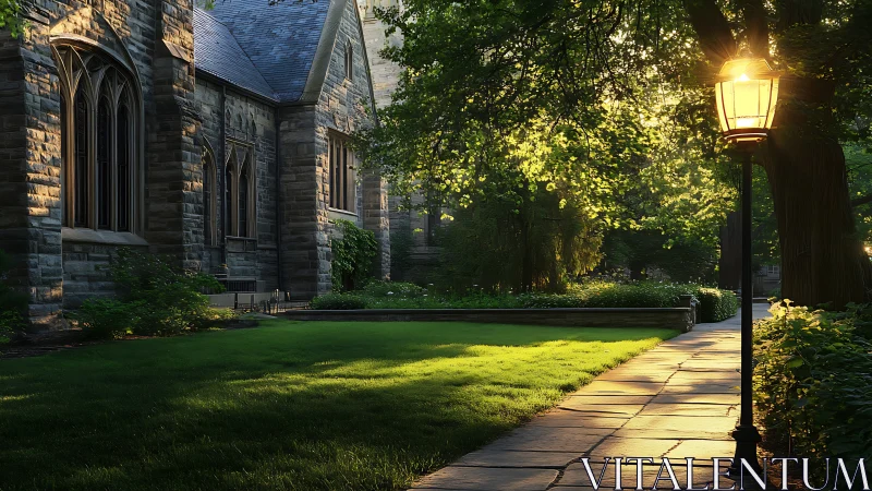 Twilight lamppost guards a quiet ivy-clad gothic campus path.